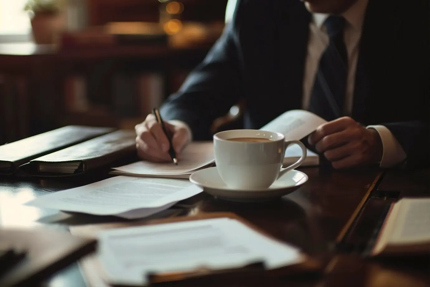 Вид спереди: юрист работает с документами.